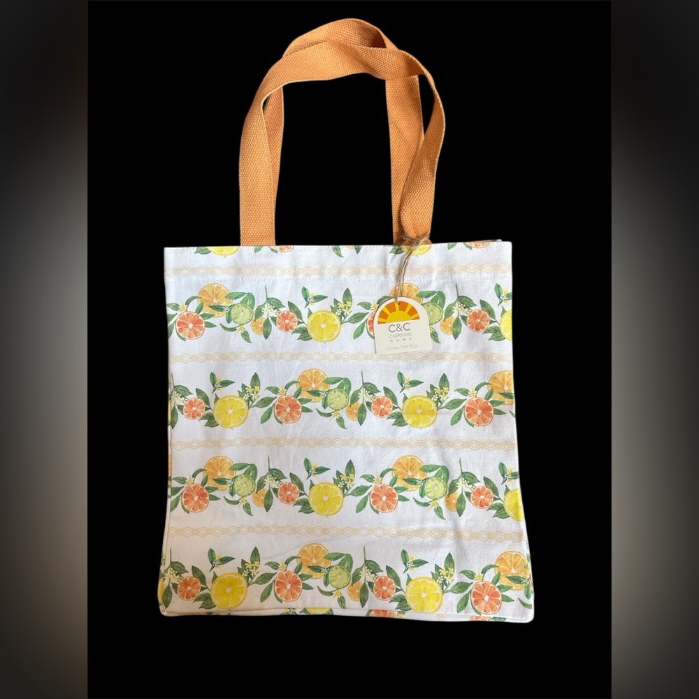 NWT Cotton Canvas Tote Bag Citrus Print 16x16x6 Orange Handles